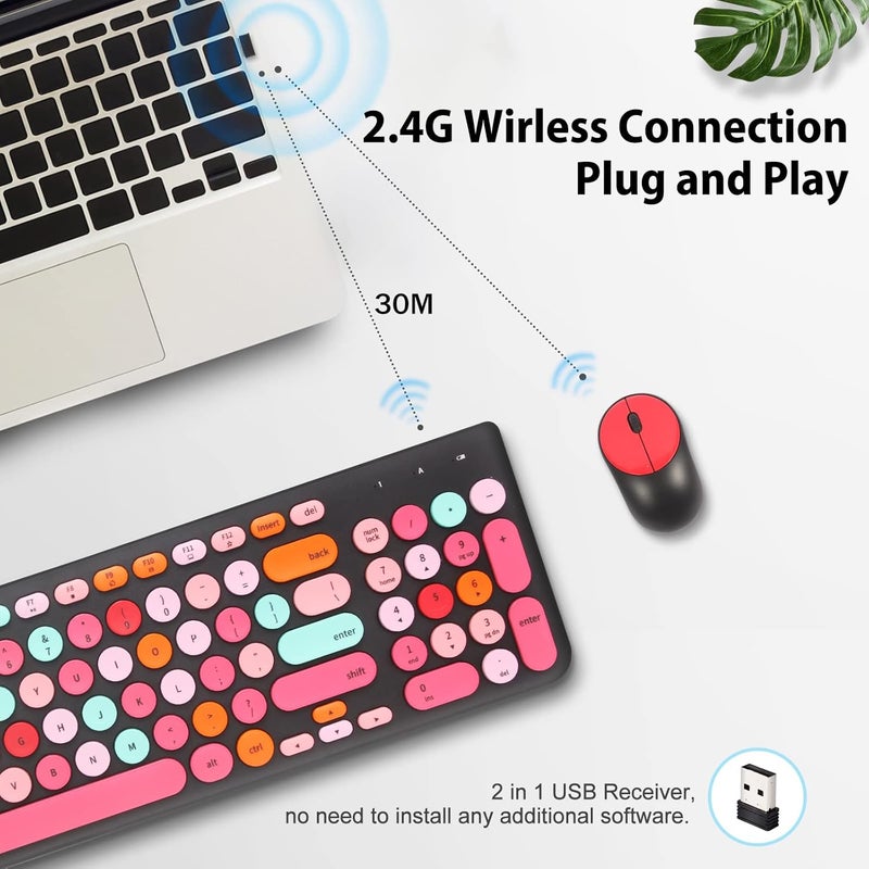 GUKJOB Wireless Keyboard and Mouse Combo, Retro Typewriter Keyboard with Round Keycaps, 2.4GHz USB Cute Wireless Keyboard Mouse for Computer, Desktop, Laptop and Computer (Black-Colorful) - Image 2
